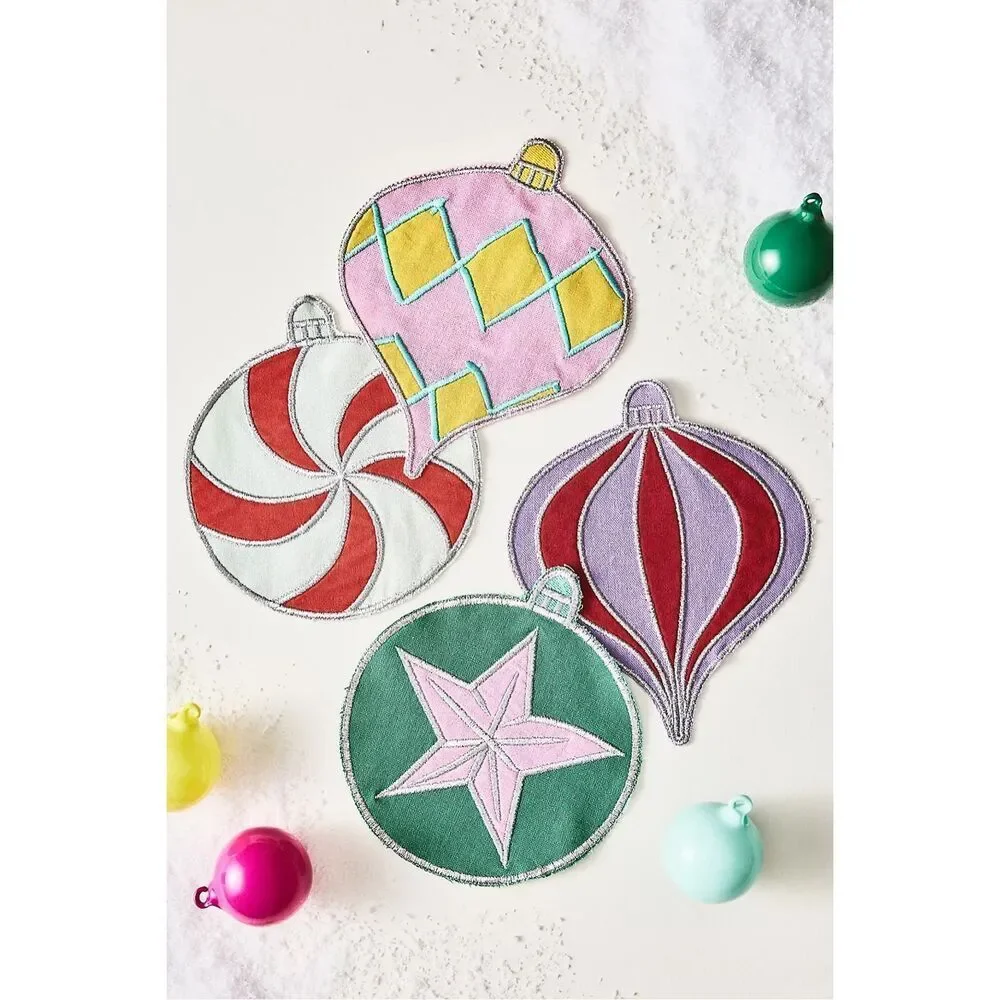 Anthropologie Tinsel Cocktail Napkins Set of 4 | Festive Embroidered Cotton, New